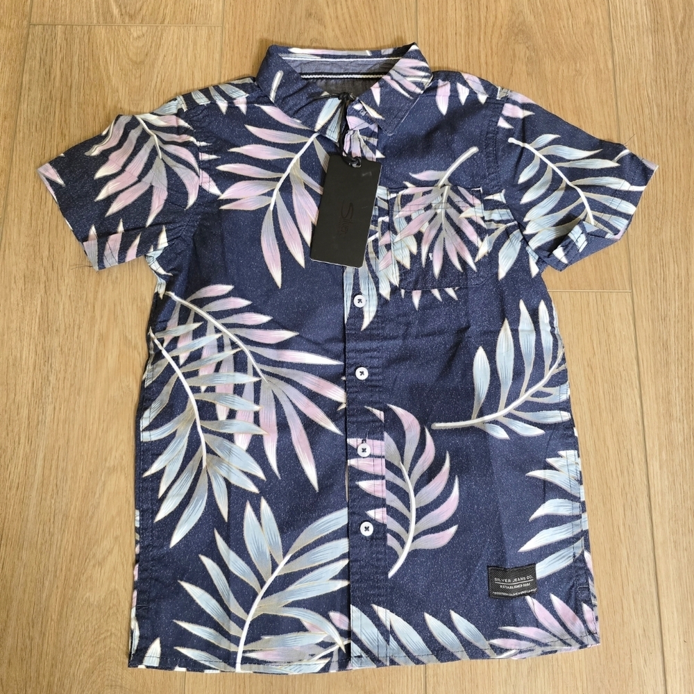 Silver Jeans Kids' Navy Leaf Print Button Down Shirt NWT Size 6